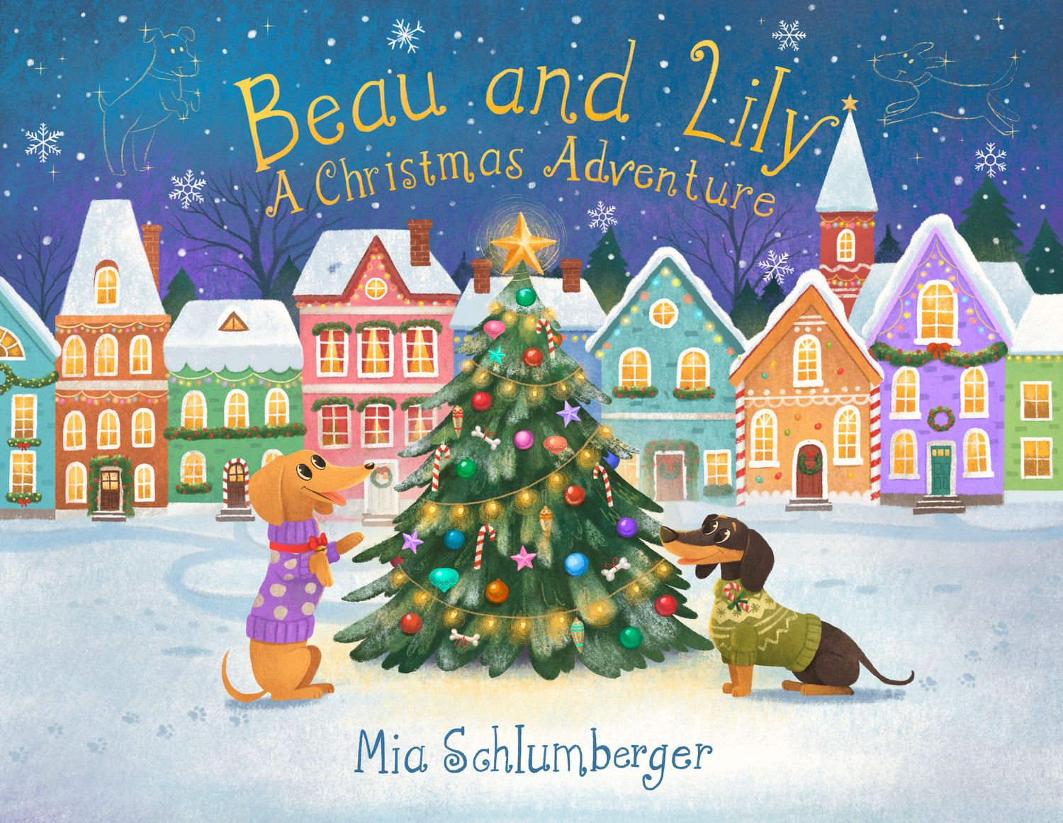 Book cover of 'Beau and Lily: A Christmas Adventure' with two dogs around a Christmas tree in a snowy village.